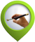 Hand holding a paintbrush inside a green map marker icon