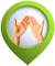 Green location pin with two hands making a gesture inside a circular frame